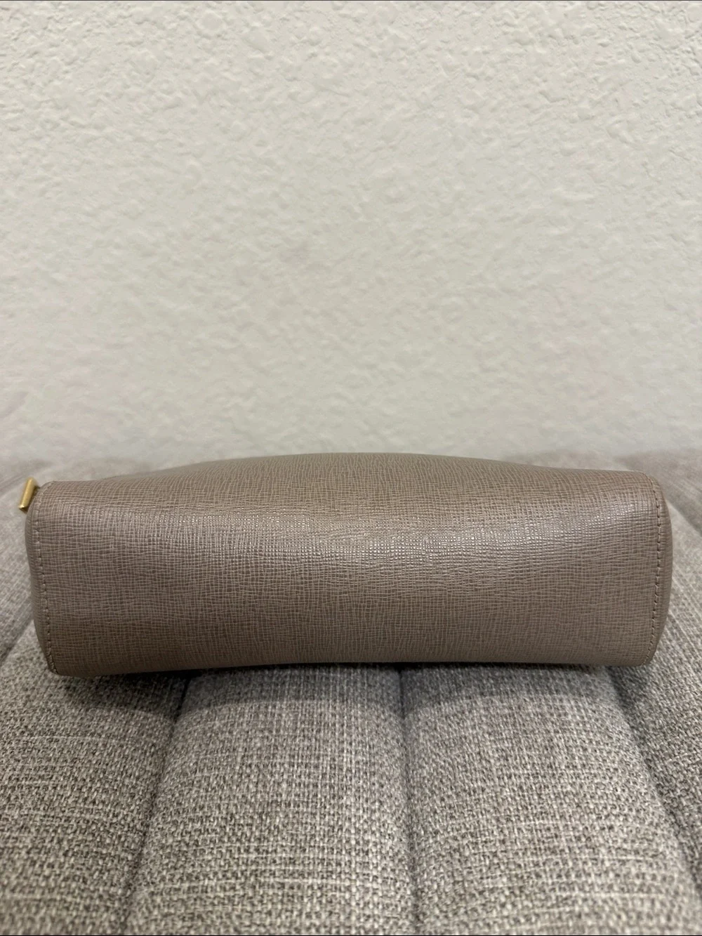 Furla Taupe Saffiano Cosmetic Pouch with Gold Logo